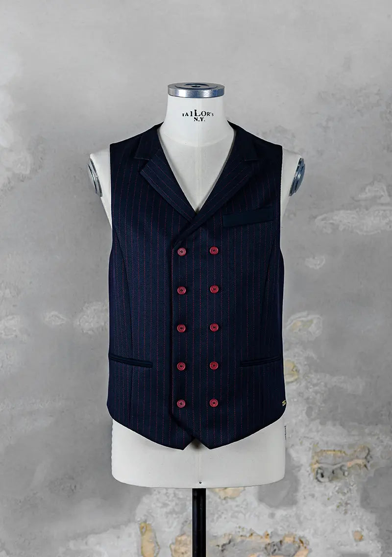 Gilet da uomo doppiopetto con rever classico, cucitura posteriore centrale.